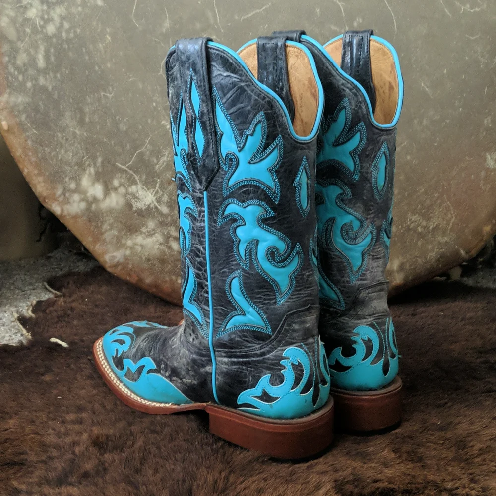 JOHNNY RINGO E1385 charcoal gray & turquoise wing tip boots square toe sz 6.5B - Picture 3 of 16
